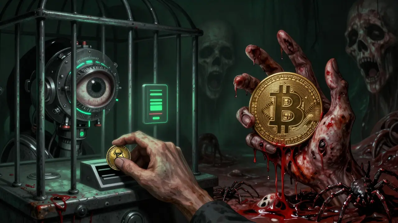 Main pourrie tenant un Bitcoin vs pièce VND dans une cage de surveillance