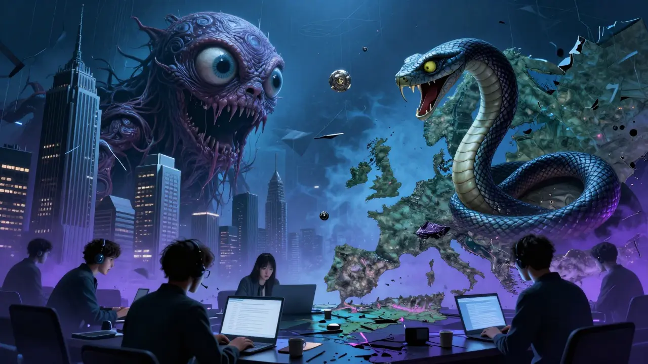 Monstres réglementaires surveillant les développeurs crypto