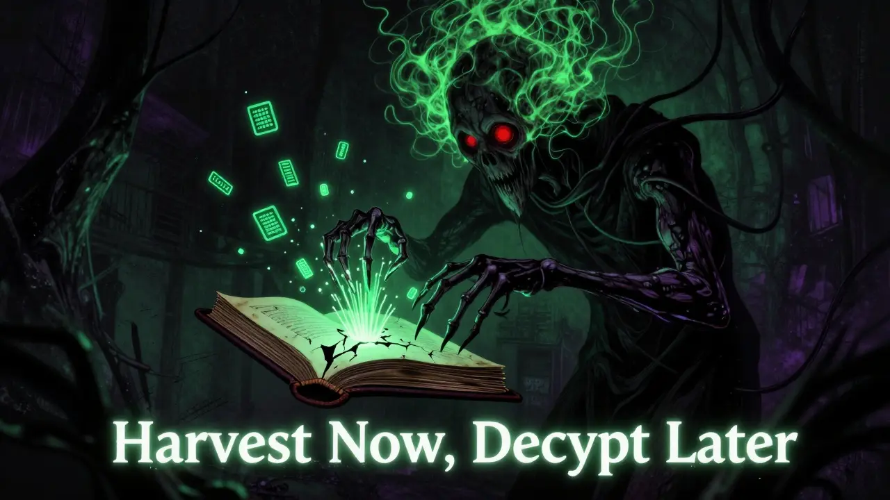 Ombre sinistre collectant des données de la blockchain pour un décryptage futur.