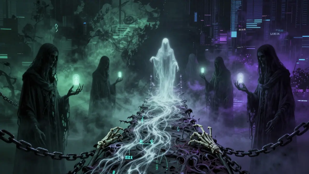 Pont fantomatique reliant deux mondes via des oracles blockchain