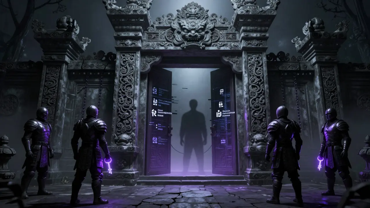 Porte en pierre imposante bloquant des silhouettes internationales sombres