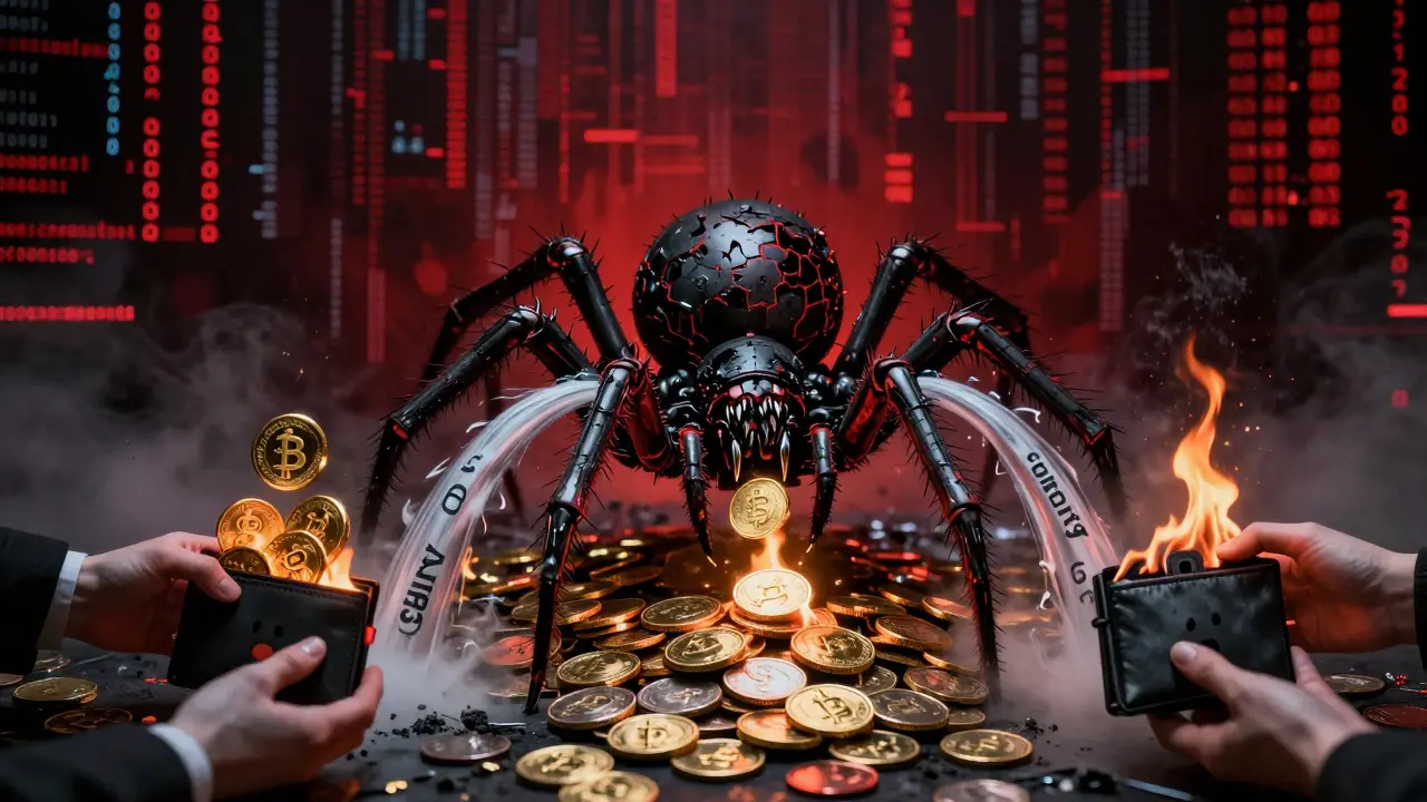 Un araignée mécanique sinistre mangeant des pièces de crypto-monnaie dans l'obscurité