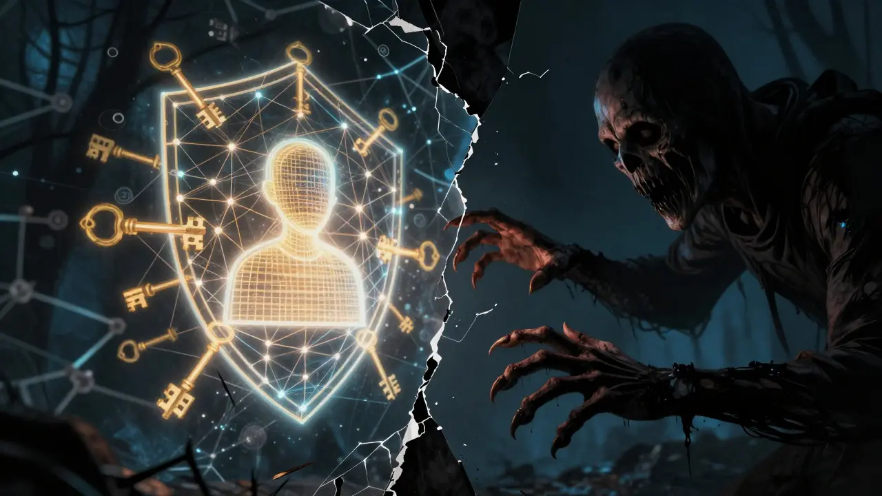 Un réseau de clés cryptographiques dorées protège un avatar contre des créatures d'ombre menaçantes.