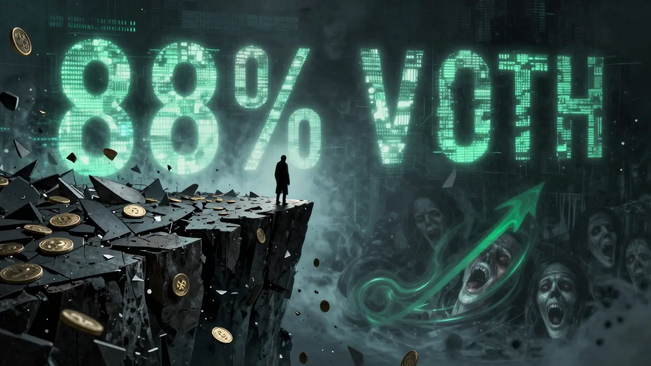 Une falaise brisée en chute libre représentant la perte de valeur massive du token SLOTH dans un style sombre.