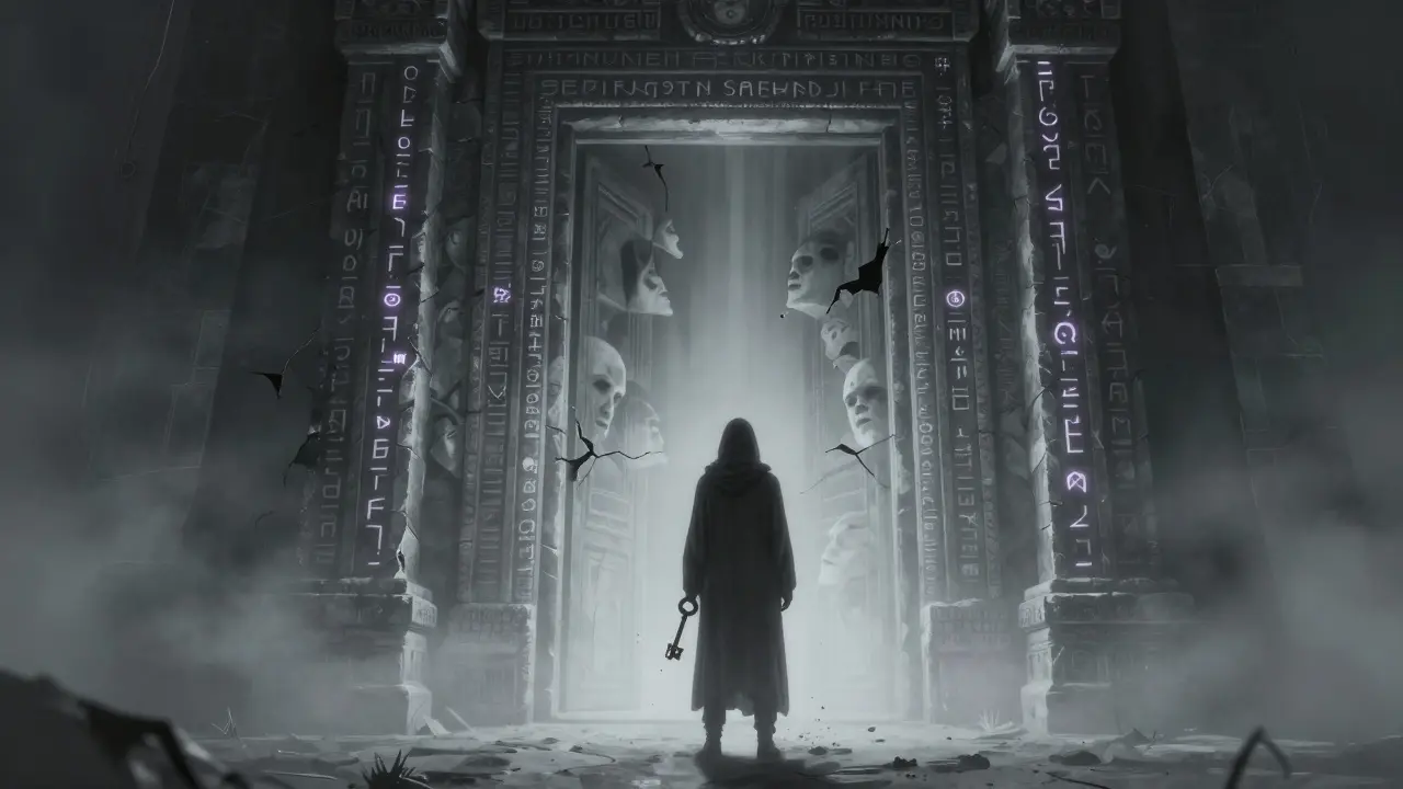 Une personne isolée tient une clé qui se désintègre devant une porte scellée par des runes mystiques.