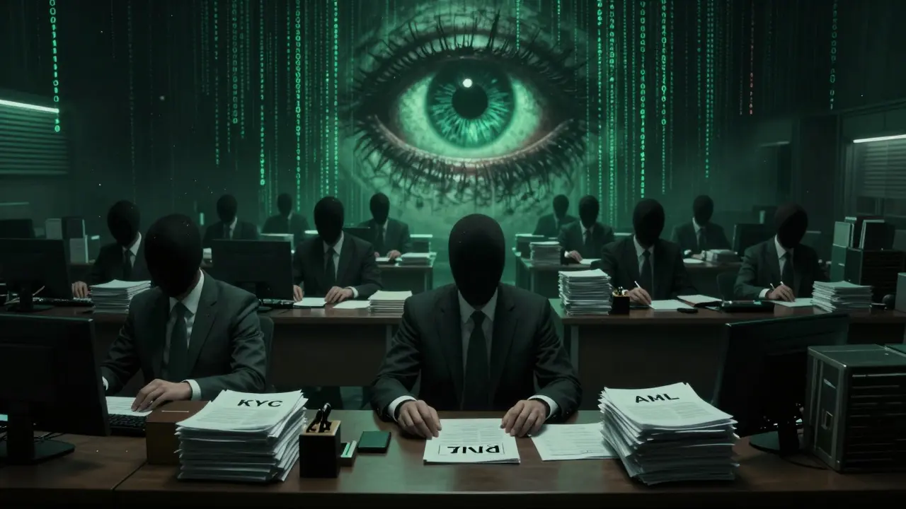 Bureaucrates sans visage sous surveillance dans un bureau dystopique