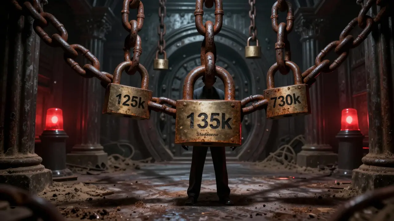 Chains lourdes et verrouillées écrasant une entreprise, symbolisant les exigences financières strictes de la licence CASP