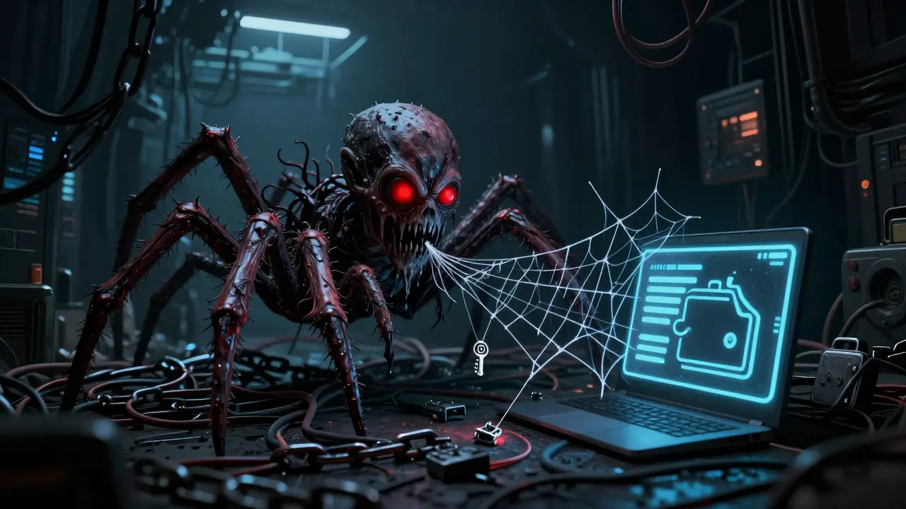 Créature arachnide malveillante tendant un piège numérique pour voler un portefeuille crypto