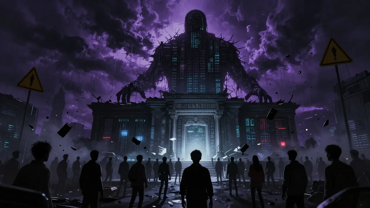 Entité menaçante dominant un échange crypto en ruines sous un ciel tempétueux