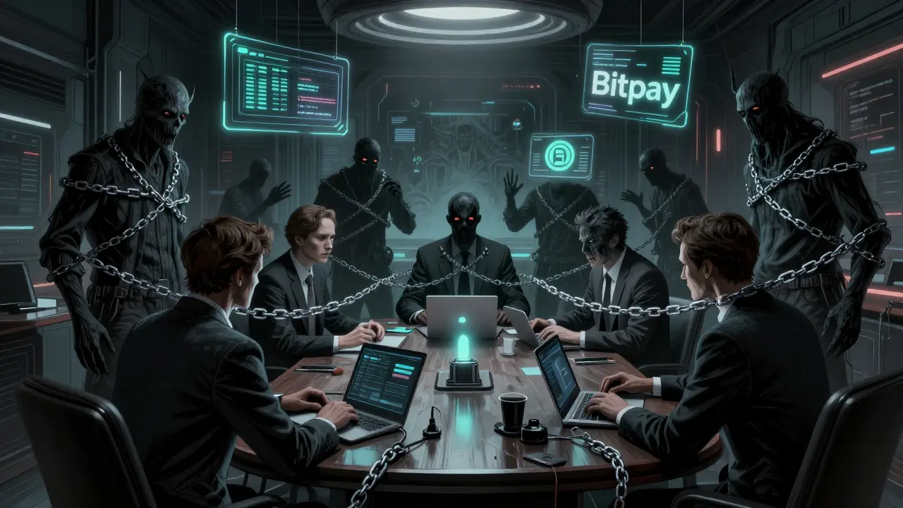Entités ombreuses de blockchain dans une salle de réunion effrayante