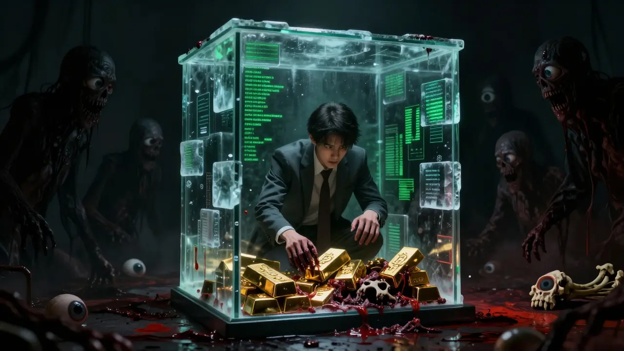 Entrepreneur piégé dans une cage de blocs glacés avec des ombres menaçantes