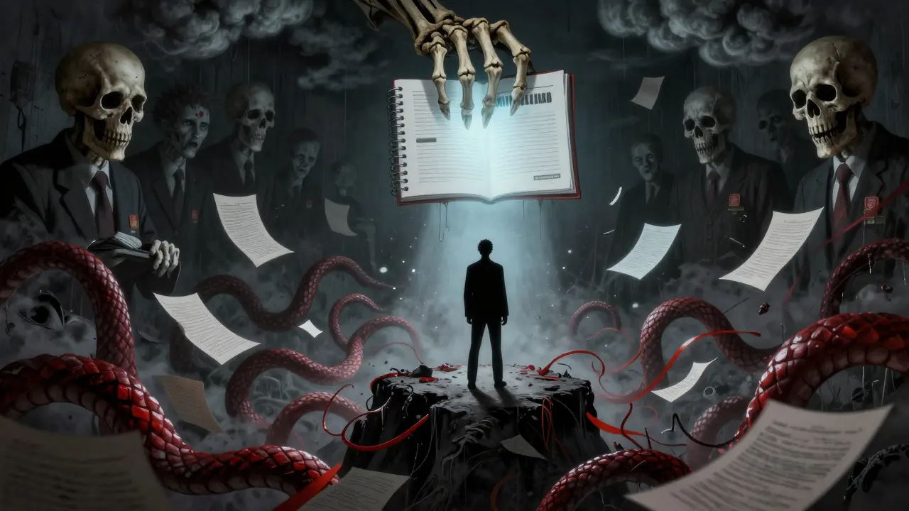Figure solitaire face à un abîme de documents serpentins et d'une main squelettique