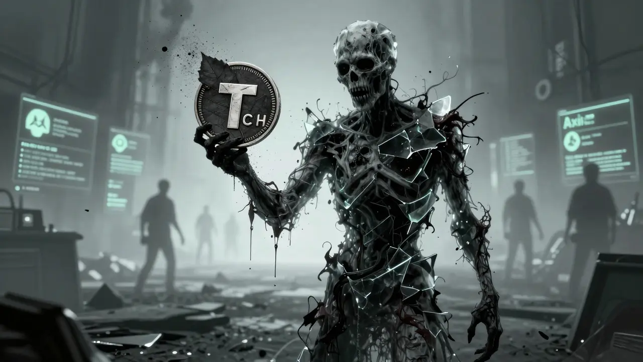 Figure spectrale zombie tenant un jeton TECH qui se désintègre en poussière