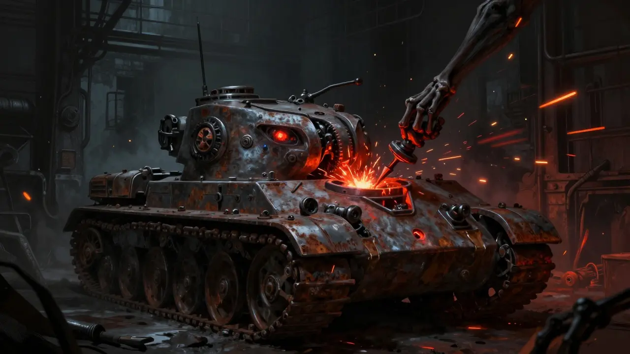 Forge industrielle macabre assemblant des pièces de tank biomécaniques grotesques