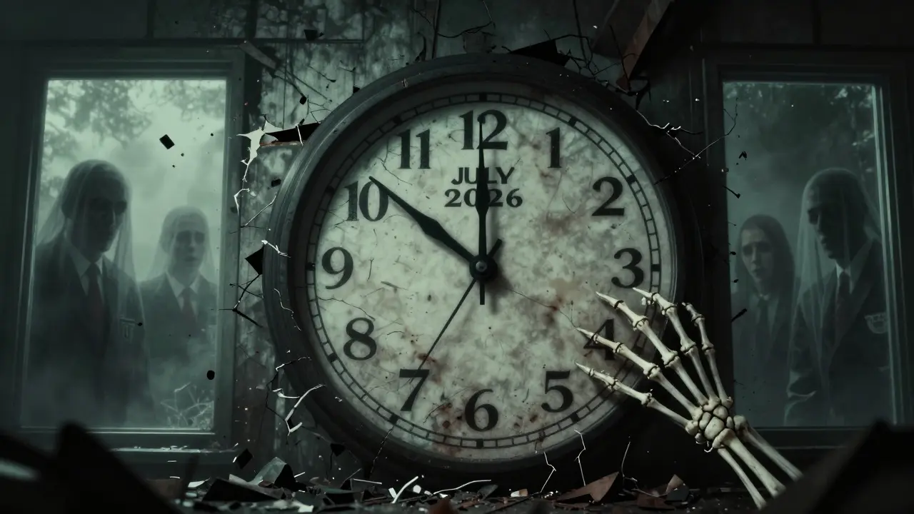 Horloge squelettique qui fond sous la pression du délai d'expiration de juillet 2026 pour la conformité MiCA