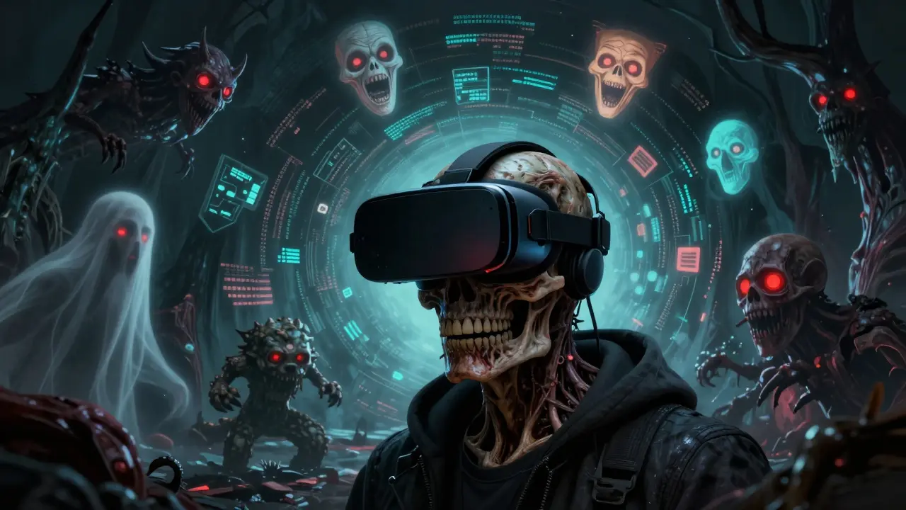 Joueur en réalité virtuelle avec des créatures NFT fantomatiques