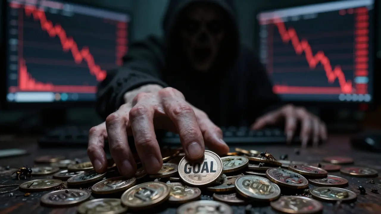 Main attrapant des pièces cryptos pourries avec des graphiques boursiers rouges en arrière-plan