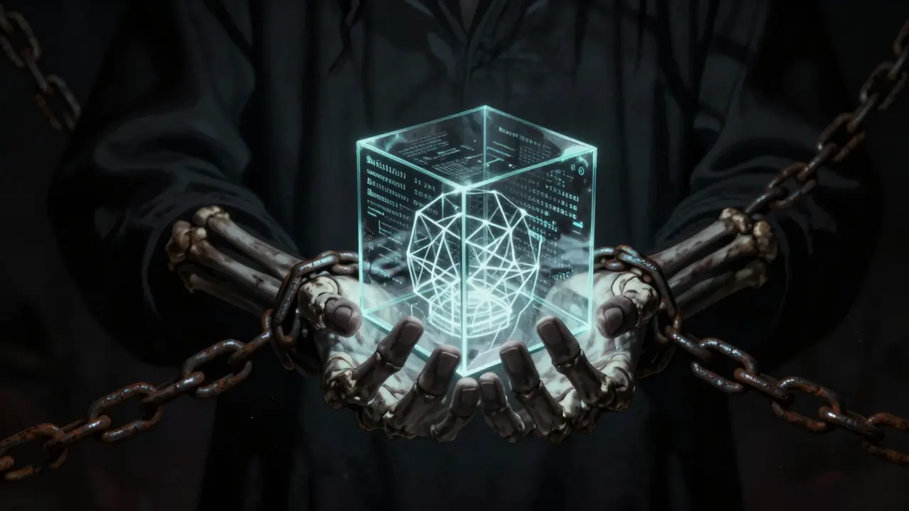 Mains squelettiques tenant un cube de code fragile entouré de chaînes