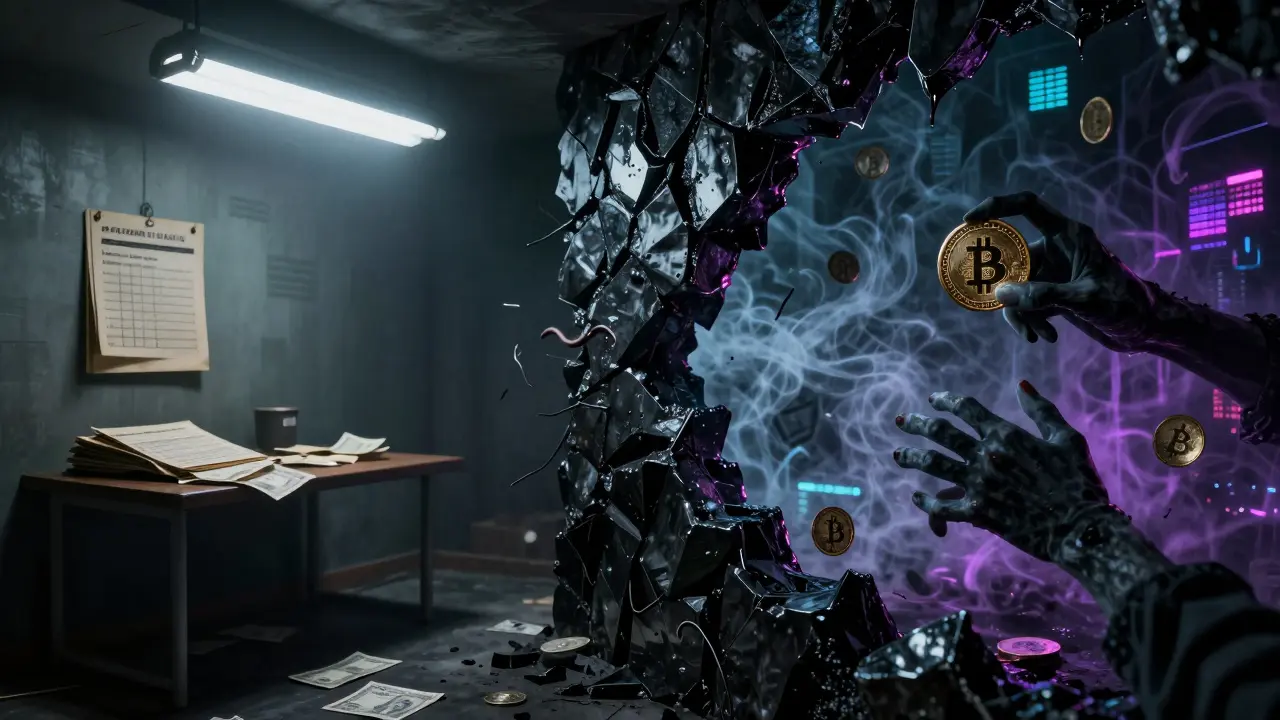 Mur obsidienne séparant les pesos traditionnels du chaos crypto néon