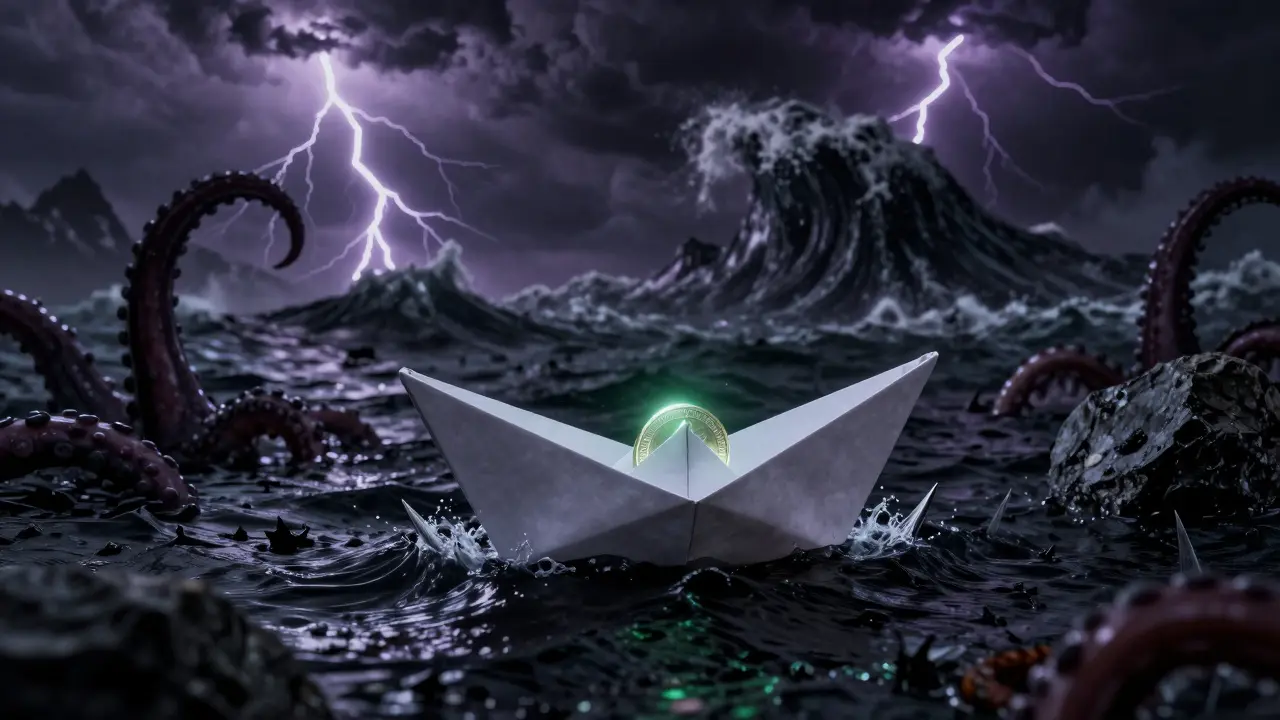 Petit bateau fragile sur un océan noir et dangereux