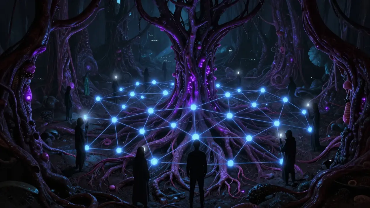 Réseau blockchain représenté comme une forêt de champignons lumineux sombres