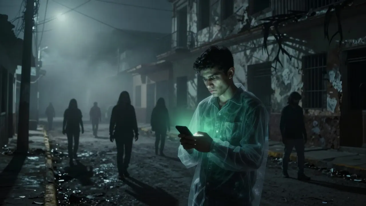 Rue déserte et brumeuse avec une figure fantomatique tenant un téléphone