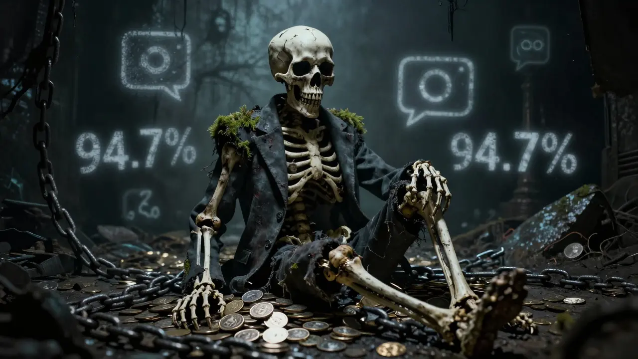 Squelette pourri entouré de pièces rouillées symbolisant l'échec des memecoins