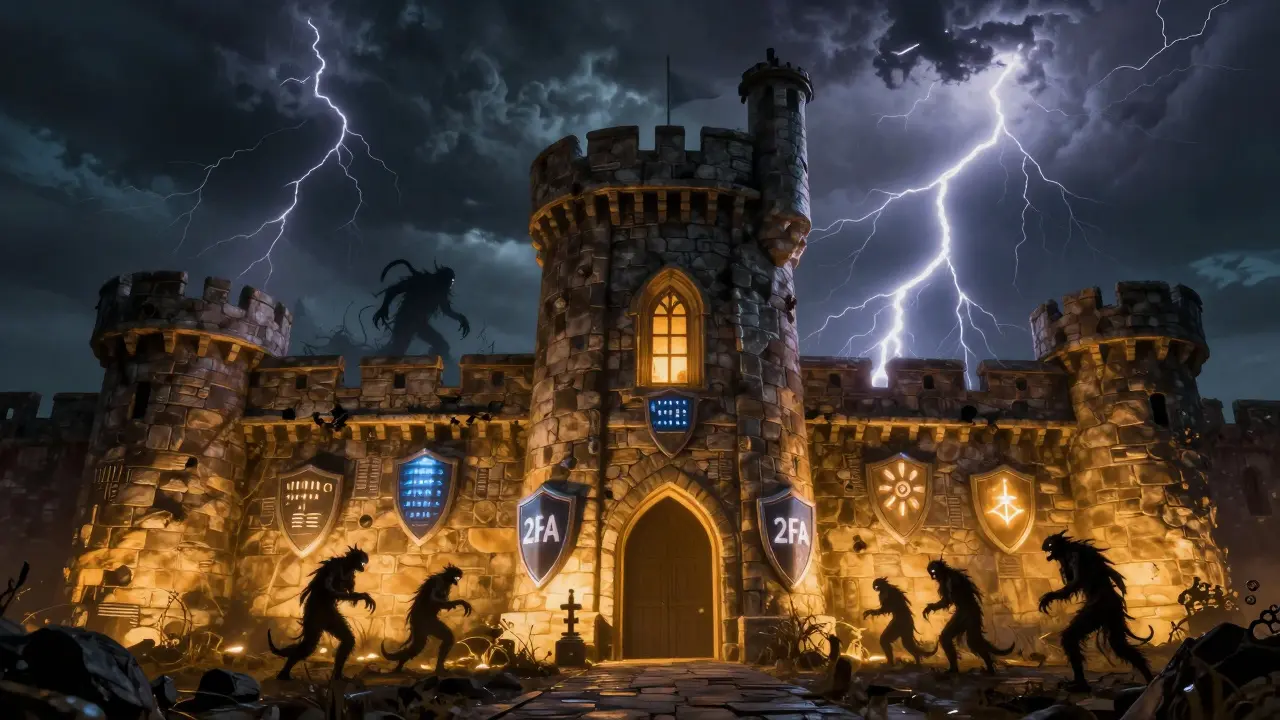 Une forteresse lumineuse protégée par des boucliers contre des monstres sombres dans la tempête.