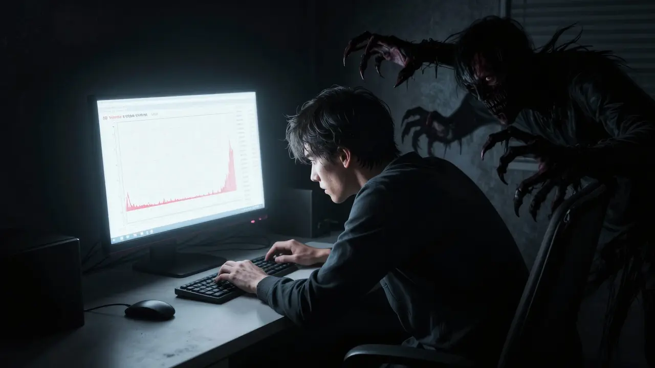 Utilisateur effrayé devant un graphique plat, menacé par des ombres sombres