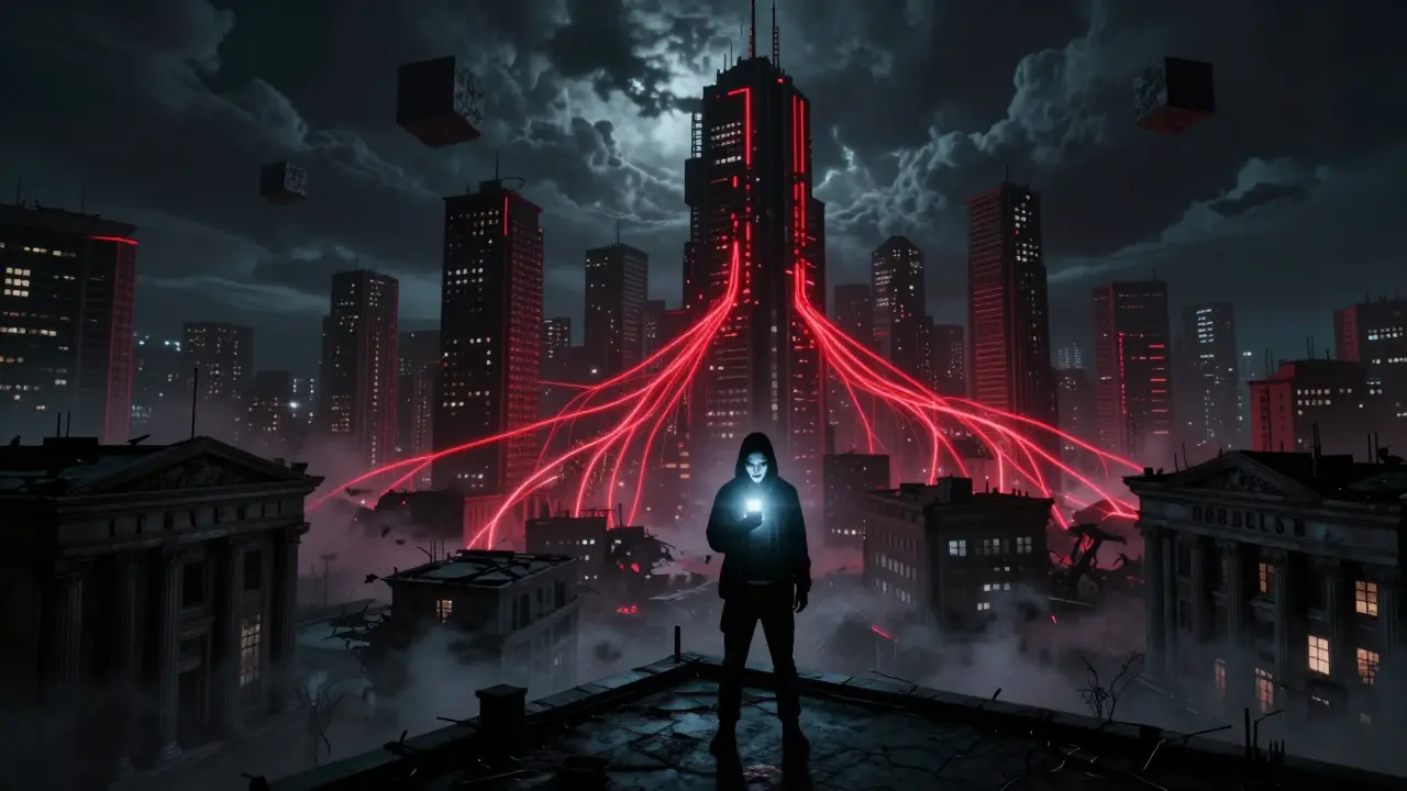 Ville dystopienne nocturne avec flux de données rouges reliant des gratte-ciels