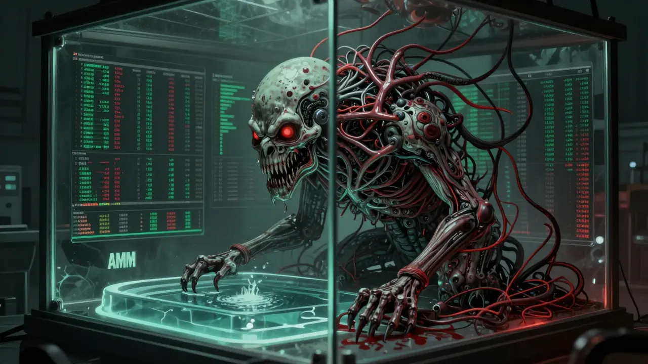 Bête mécanique hybride représentant le moteur de trading effrayant