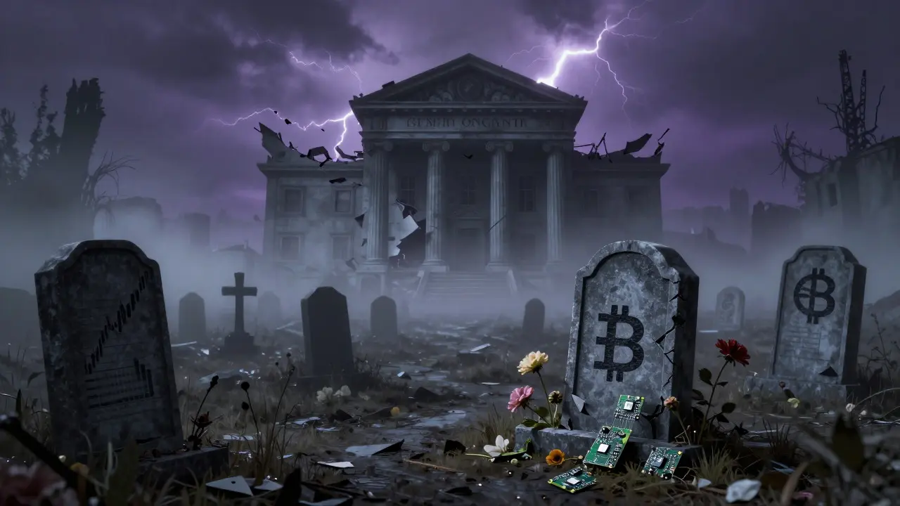 Cimetière lugubre avec des tombes en forme de graphiques boursiers baissiers et ruines technologiques.