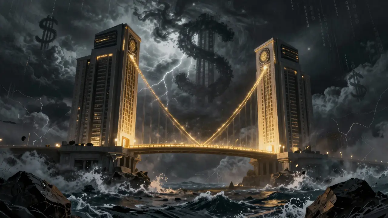 Deux tours bancaires connectées par un pont lumineux dans l'orage