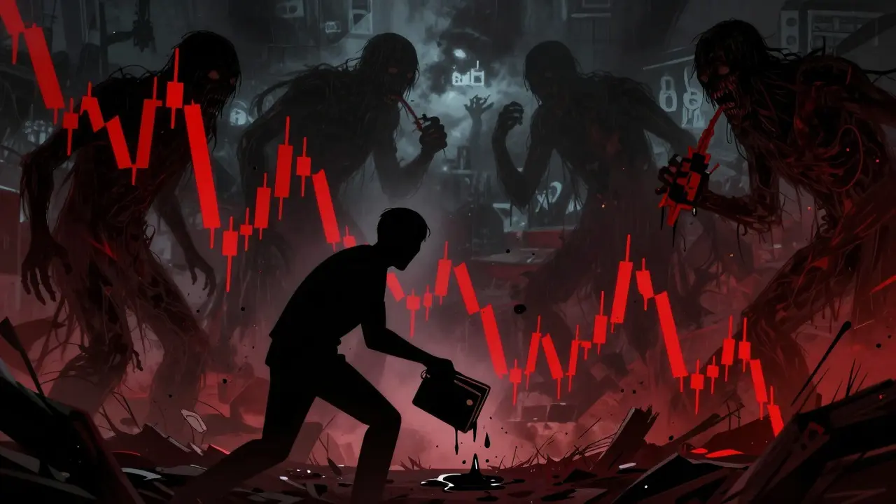Graphiques rouges tranchants et panique dans un cauchemar boursier