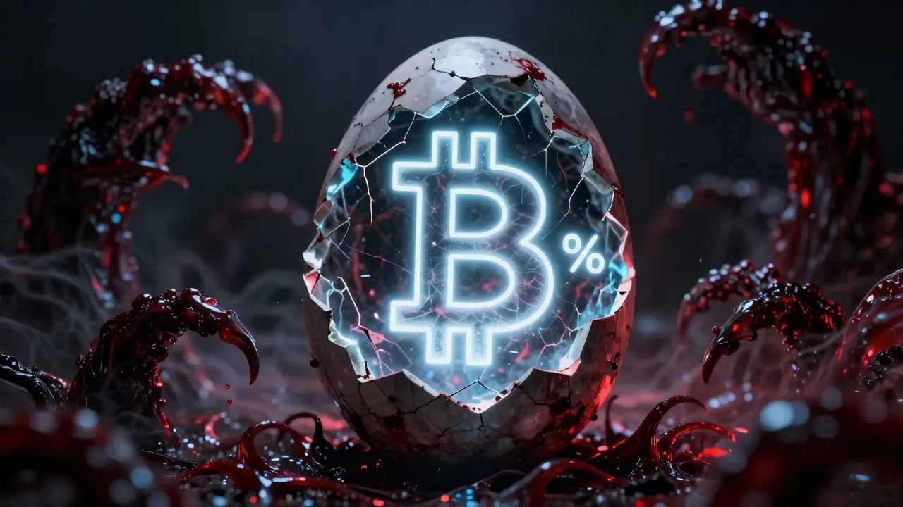 Logo Bitcoin fissuré attaqué par des ombres monstrueuses