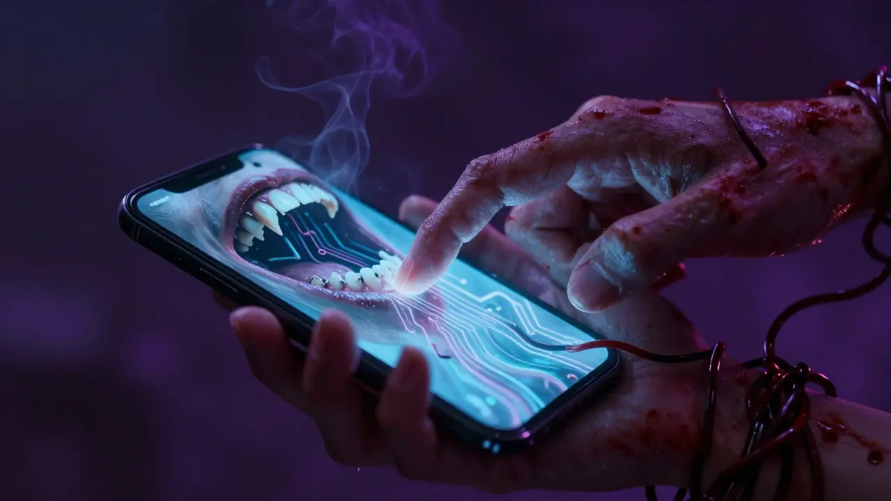 Main humaine attaquée par un écran de téléphone malveillant et monstrueux