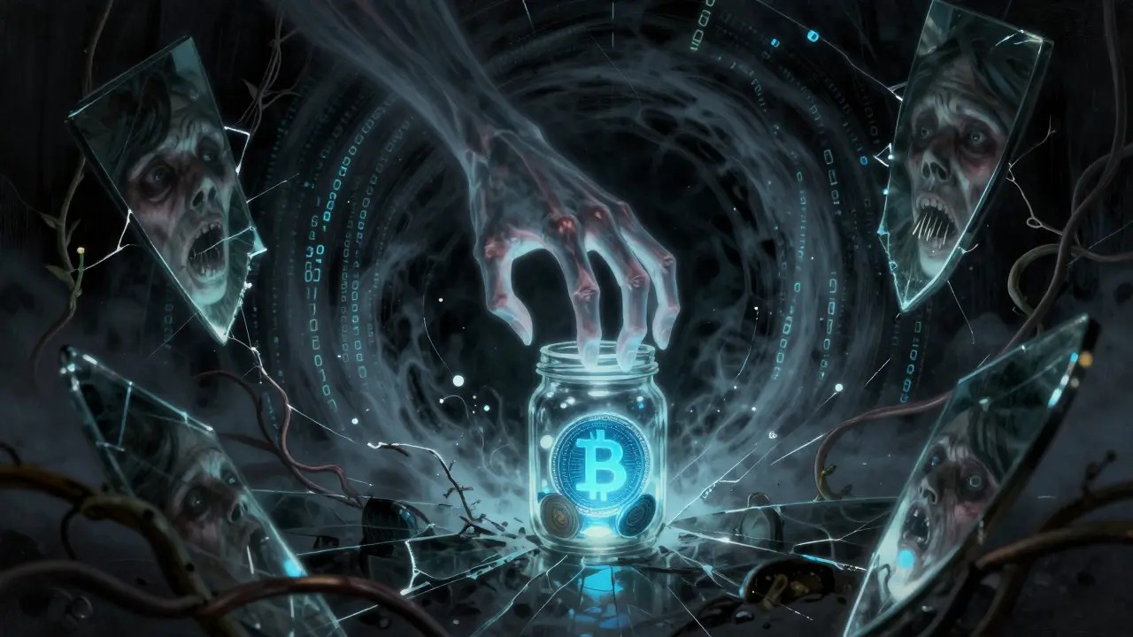 Main squelettique sortant d'un vortex numérique pour voler des actifs cryptographiques dans un bocal.