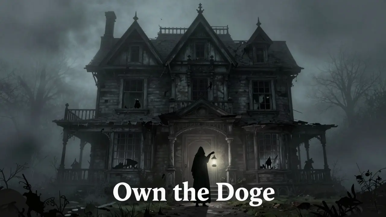 Maison gothique délabrée avec une figure mystérieuse et du brouillard épais
