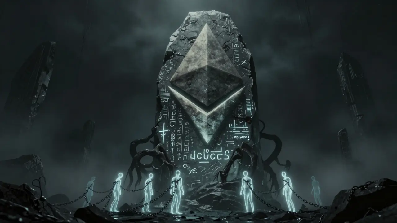 Monolithe d'Ethereum avec contrats intelligents lumineux dans le noir