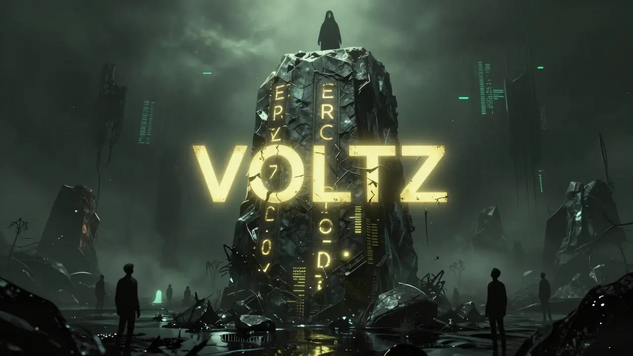 Monolithe déchu représentant le token VOLTZ et la gouvernance DAO dans une ambiance horreur