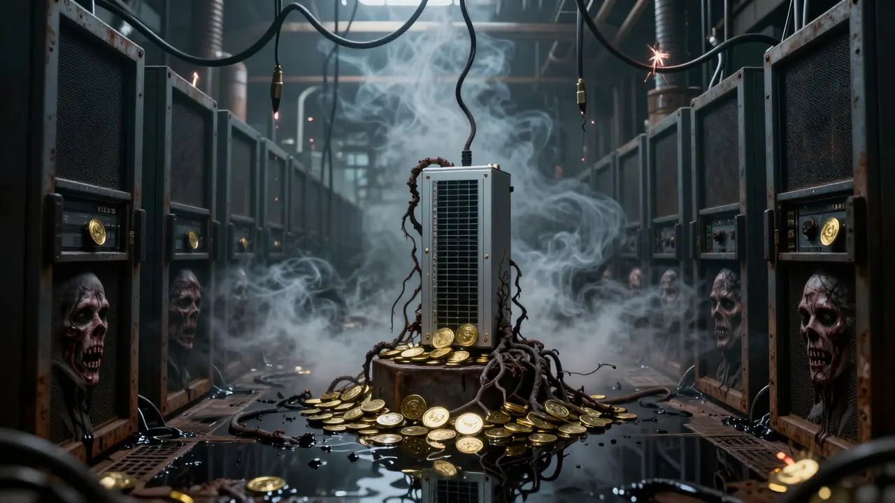 Racks serveurs rouillés avec fuites de boue noire et câbles