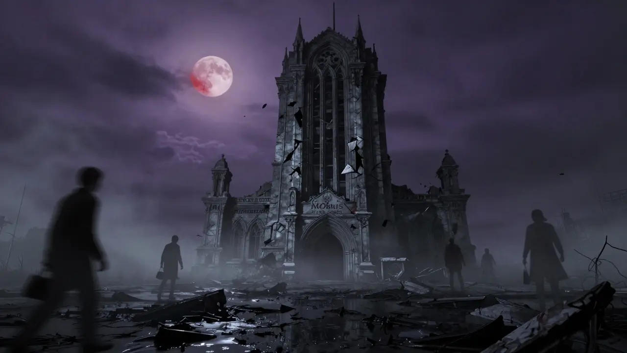 Ruines gothiques et fantômes dans un marais numérique sombre