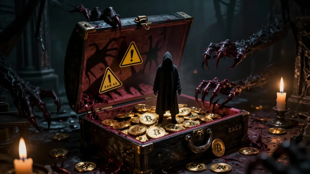 Sarcophage ouvert révélant des jetons cryptos et des griffes monstrueuses