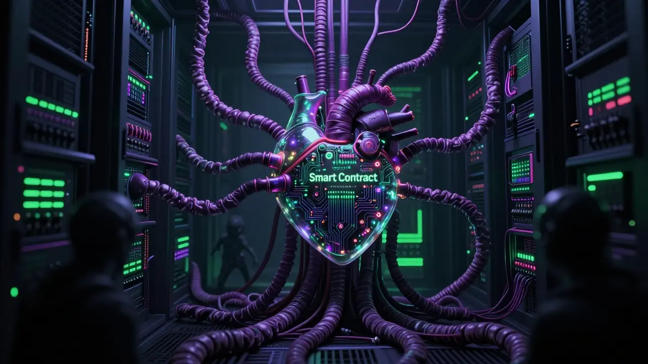 Serveurs organiques et câbles tordus dans un style horreur cybernétique