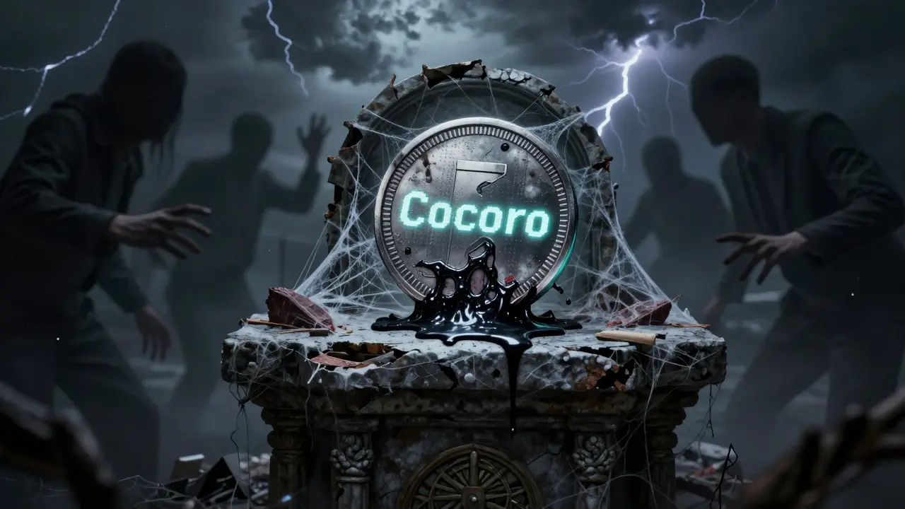 Token numérique pourri sur un autel en ruine avec des fantômes d'investisseurs