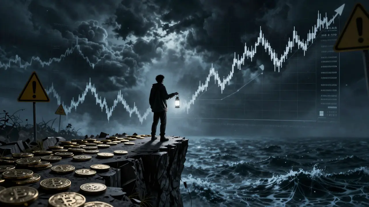 Trader solitaire au bord d'une falaise de cryptomonnaies sous une tempête