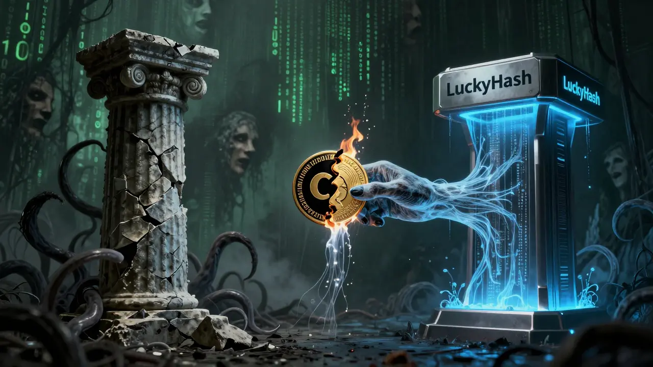Transition sombre entre CasinoCoin et LuckyHash avec des ombres menaçantes