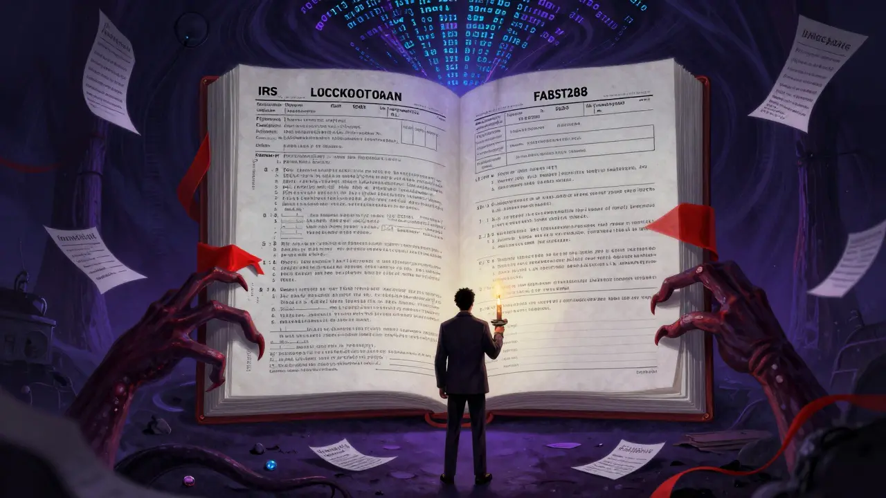 Un contribuable face à un livre de comptes effrayant rempli de règles fiscales complexes.
