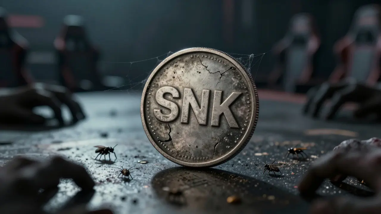 Un jeton crypto SNK rouillé et craquelé entouré de toiles d'araignée