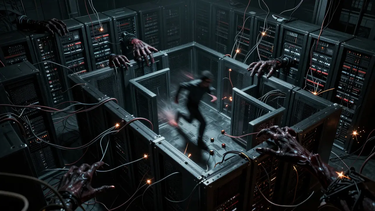 Un labyrinthe mécanique sombre avec des pièges algorithmiques scintillants